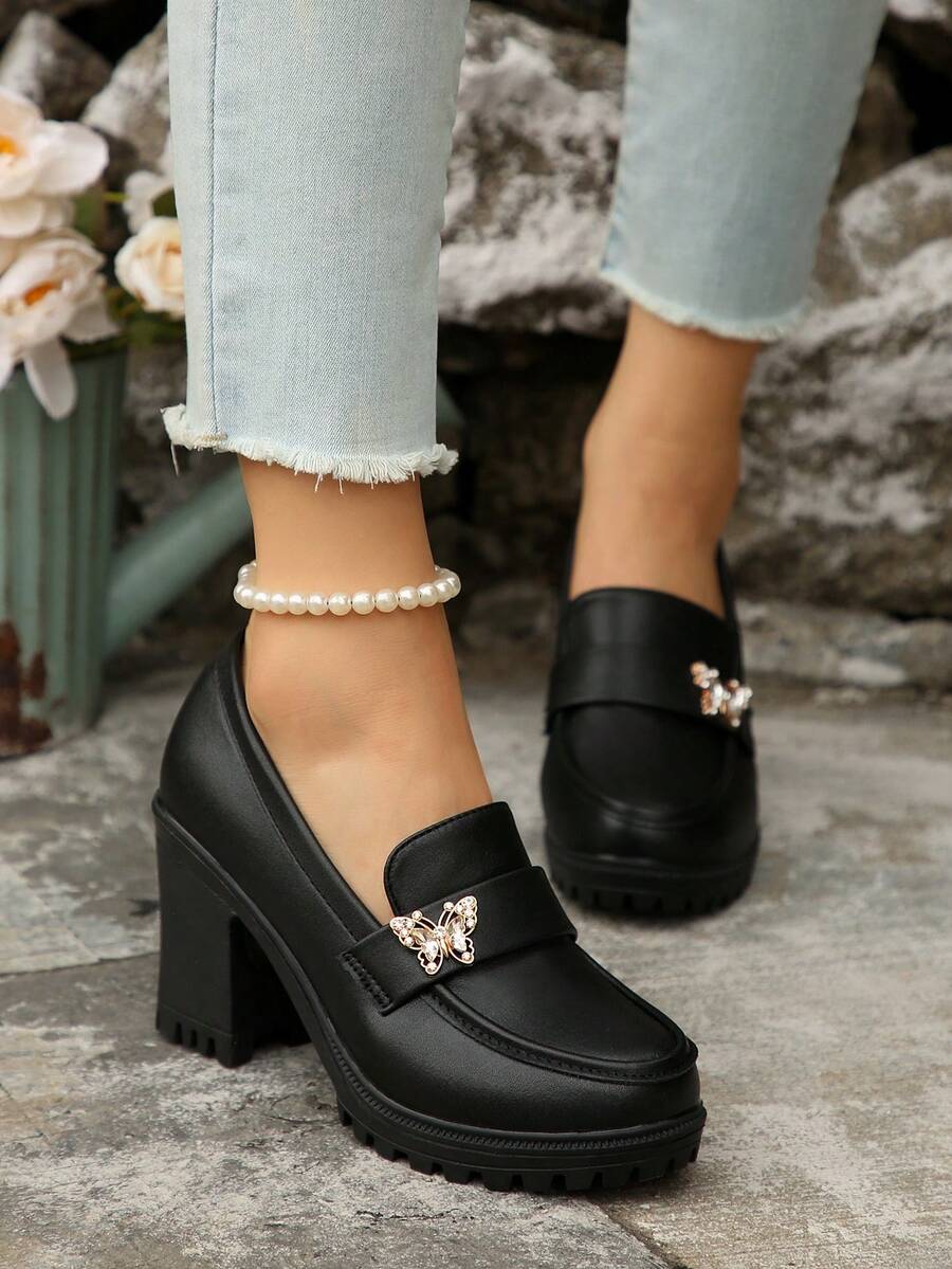 2026 New Black Chunky Heel Loafers For Women,Round Toe Platform Shoes With Gold Rhinestone Butterfly Embellishment,Slip-On Lug Sole Pumps For Office - màu đen - Xem 1