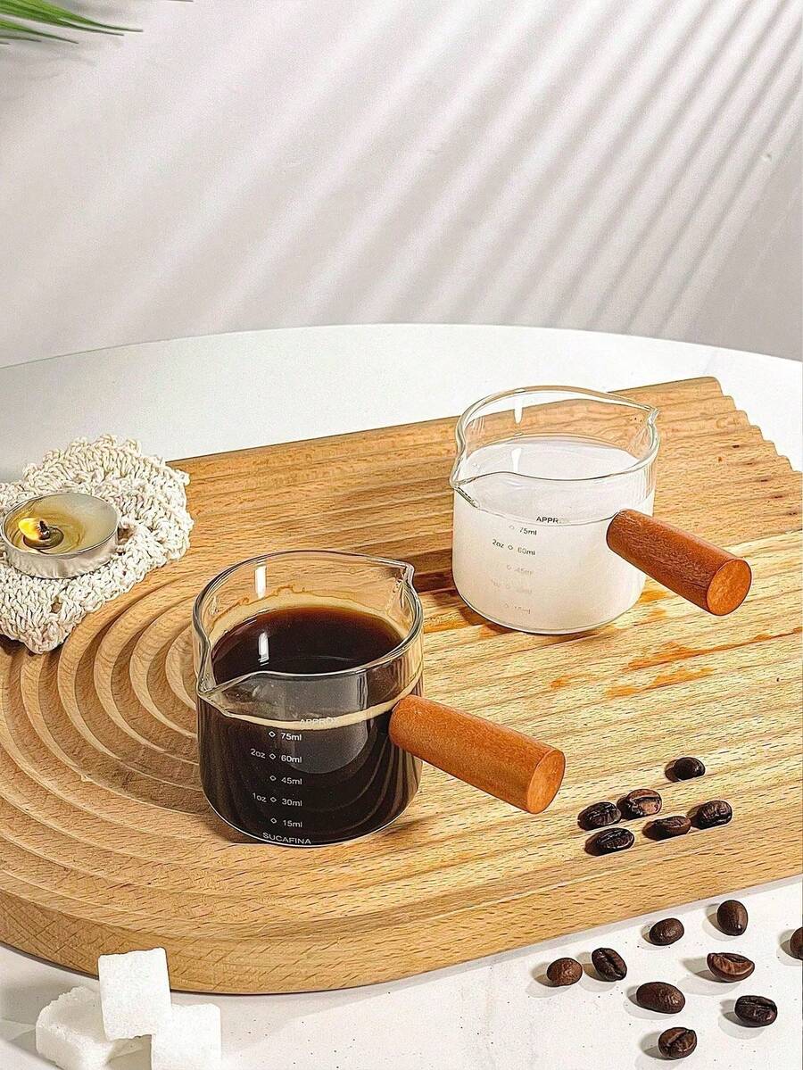 1pc Wooden Handle Glass Measuring Cup, Dual Spout Milk Pitcher, Kitchen Bar Restaurant Tool, Heat-Resistant Coffee Milk Cup, Italian Glass Coffee Measuring Cup, Latte Cup - Multicolor - View 1