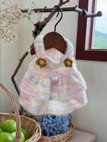 粉彩彩虹小狗连衣裙，毛茸茸的针织毛衣裙，带D形环可系牵引绳，可爱花朵装饰，适合小型、中型犬猫穿着，保暖冬季宠物服装 - 彩色 - 查看 12