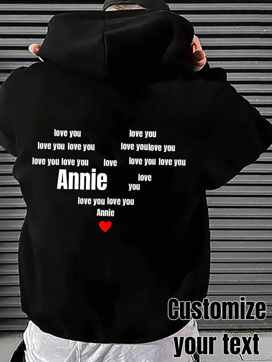 Customized Valentine's Day Gift Men's Hoodie, Heart-Shaped Text Graphic Sweatshirt - Black - View 1