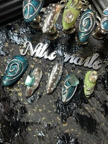 10pcs Almonds Nail Acrylic Kit, Blue&Silver&Green Nails, Blue Cat Eyes,3D Stereo Pearl&Diamond Nail Accessories Decoration,Colorful Nail Gems,Handmade Chrome Nails Powder&Polka Dot Nails,Y2k Style Nail Art Set,Suitable For Women And Girl To Festivals,Daily, Gatherings,Parties Use,Comes With 1 Mini Nail File And 1Double-Sided Adhesive Label Nail Stuff - Multicolor - View 5