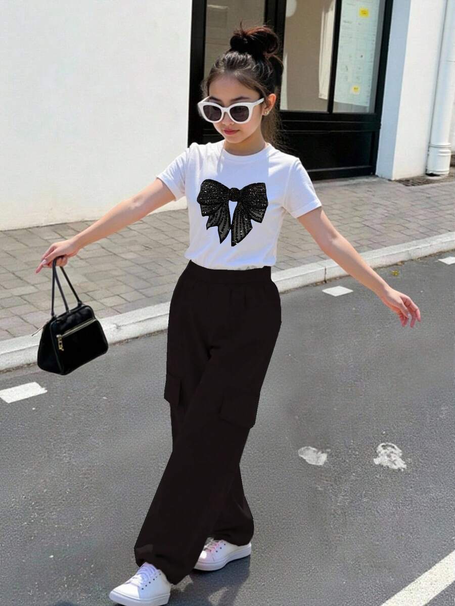 Conjunto de 2 piezas de top corto de punto con estampado de lazo con brillo y pantalones cargo de utilidad para niña preadolescente, ideal para uso casual y deportivo en vacaciones - Blanco - Ver 1