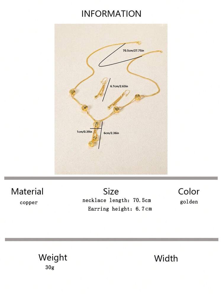 3pcs/Set Minimalist Tassel Pendant Necklace & Earrings Set, Copper Material, Luxury Party & Wedding Dress Accessories For Women - Yellow Gold - View 7