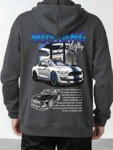 Men's Mustang Racing Graphic Print Hoodie With Drawstring And Pockets - Dark Grey - View 2