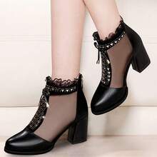 Women's Summer Mesh Mid-Heel Peep Toe Sandals, Versatile Hollow-Out High Heel Boots - Black - View 2