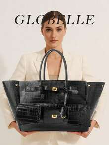 GLOBELLE 时尚复古摩托车包，大容量可扩展，金色五金配件，纯色鳄鱼纹压花双提手，女士单肩手提包，适合上班族女性，完美适用于大学、工作、商务、通勤、户外、旅行、野餐、办公室等各种场合，也适合工作、购物、送礼、休闲旅行。简约百搭，适合户外休闲和购物。 - 黑色 - 查看 7