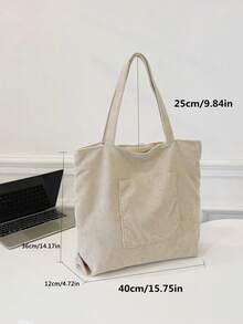 Solid Color Men's One Shoulder Tote Bag, Versatile Shopping Bag, Striped Large Capacity Canvas Bag - Beige - View 11
