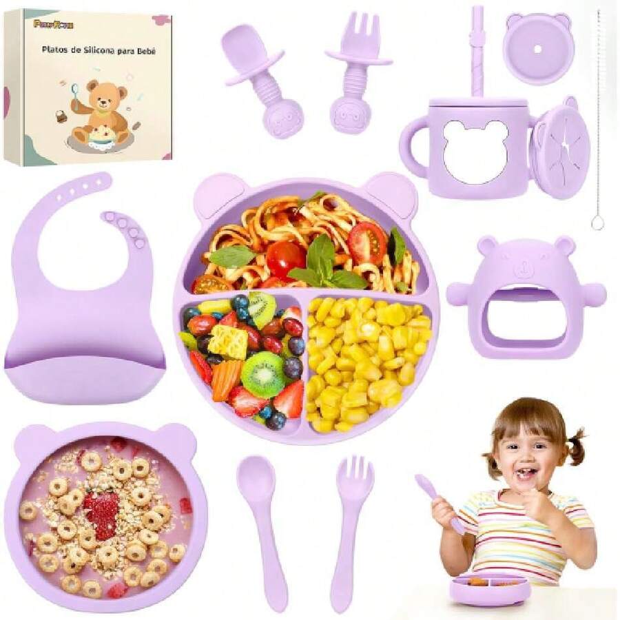 12pzs Platos para Niños Silicon, Set de Vajillas Silicona de Alimentación, Sin BPA, Fácil de Limpiar, Apto para Microondas, Regalos de Navidad para Niña/Niño (Púrpura),36982494 - Rosado Sandía - Ver 1