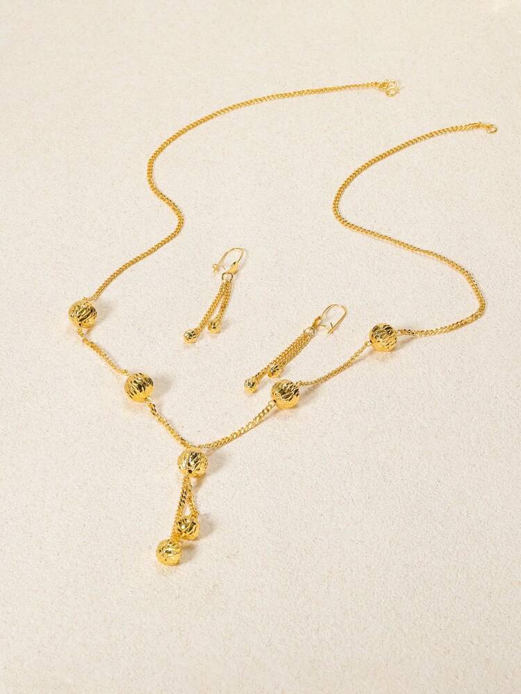 3pcs/Set Minimalist Tassel Pendant Necklace & Earrings Set, Copper Material, Luxury Party & Wedding Dress Accessories For Women - Yellow Gold - View 6