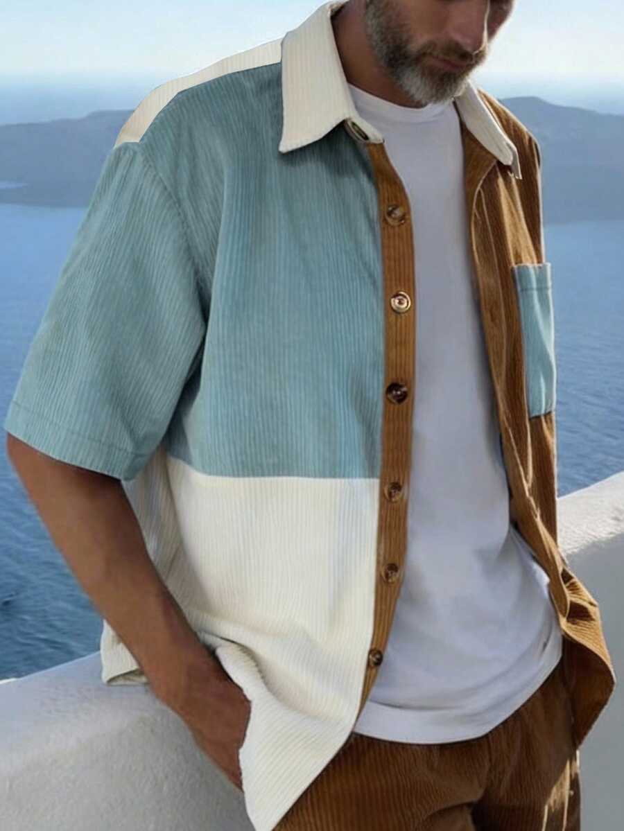 Camisa de pana de manga corta con bolsillo, estilo minimalista con parches y contraste de colores, adecuada para uso casual en verano y múltiples ocasiones - Albaricoque - Ver 1