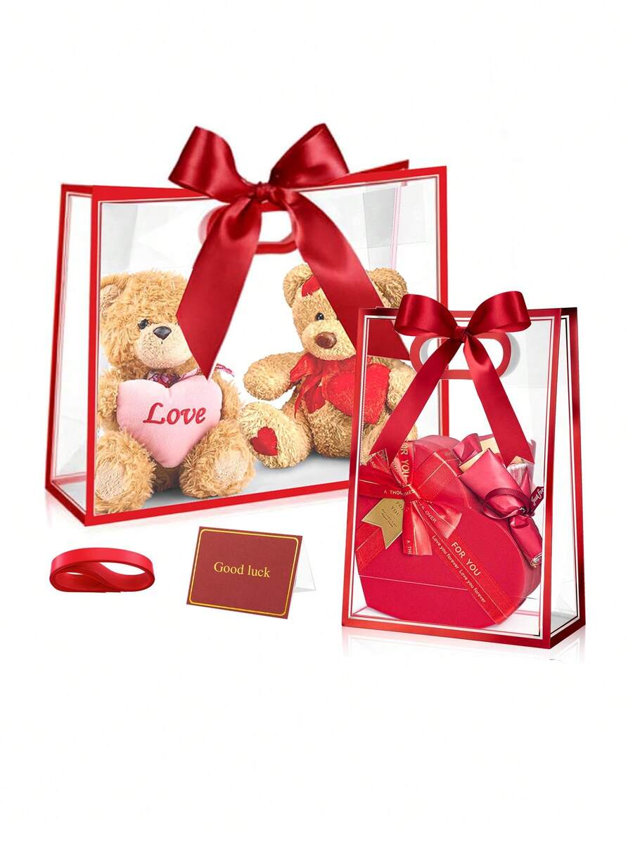 20/10个装可重复使用透明塑料礼品袋，带提手和丝带，PP材质，适用于情人节、婚礼、新娘送礼会、生日、洗礼、性别揭晓派对和小规模商务活动，有两种尺寸可选（红色）