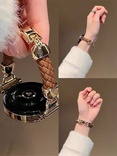 18mm, 20mm, 22mm Rhombus Woven Leather Watch Band, Adjustable Length, Compatible With Samsung Galaxy, Garmin, Amazfit And Other Brands - Durable, Soft, Breathable