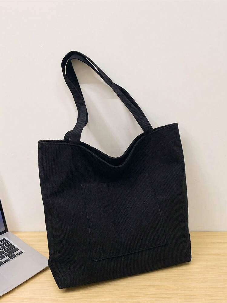 男士纯色托特包，时尚百搭单肩手提包，大容量帆布包，适合学生、大学生、中小学生、教师等，可作礼物、购物袋、返校用品包、带拉链书包、大号托特包、旅行必备帆布包、笔记本电脑包、沙滩周末包、沙滩包。 - 黑色 - 查看 4