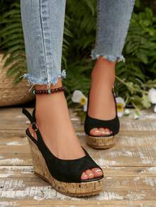 1. Sandal đế xuồng hở mũi bằng vải nhẹ dành cho nữ, giày cao gót đế xuồng hở mũi đính pha lê kiểu dáng mới mùa hè, phụ kiện cần thiết khi đi du lịch. - màu đen - Xem 4