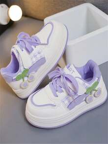 1 Pair Kids' New Fashion Soft-Sole Bow Knit Strap Cute PU Hook And Loop Outdoor Casual Versatile Flat Sneakers, Suitable For All Seasons - Purple - View 4