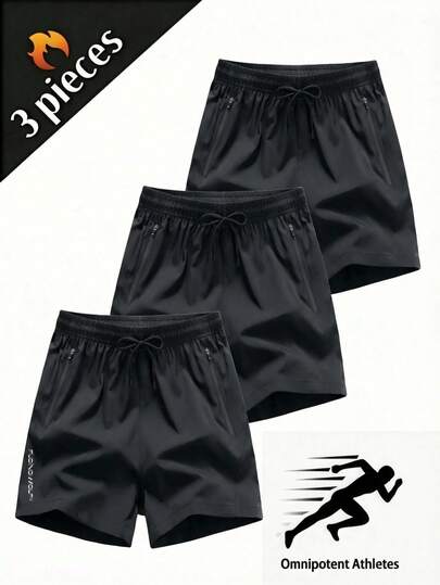 3pcs Men's Sports Shorts, Casual Elastic Waist Drawstring Shorts With Zipper Pockets, Durable & Comfortable, Suitable For Gym And Outdoor Activities, Summer