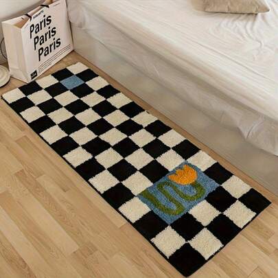 고급 인조 양모 격자 무늬 카펫 - 침실, 거실 및 욕실 장식용 두꺼운 얼룩 방지 러그, 침대 옆 카펫