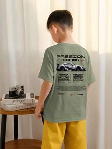 Tween Boys Students Casual Printed Rundringad Kortärmad T-shirt, Sommartopp - Olivgrön - Visa 2