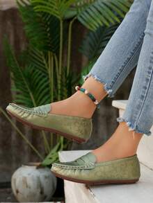 2026春季新款女士时尚平底鞋，低鞋面圆头花卉设计，百搭简约风格，软底舒适休闲轻便工作鞋 - 綠色 - 查看 6