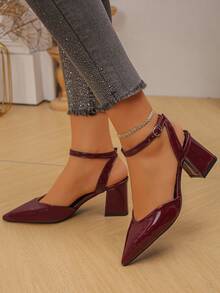 女士优雅尖头粗跟凉鞋，纯色，适合西式婚礼，性感又不失精致 - 酒紅色 - 查看 4