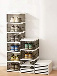 1pc Foldable Plastic Shoe Rack, Collapsible Shoe Organizer, Wardrobe Shoe Storage Box, Space-Saving, Large Sturdy Stackable Sports Shoes Storage Container, Easy Installation