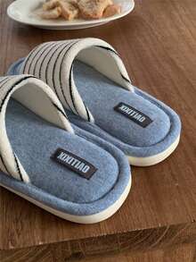 XIXITIAO 1 đôi dép lê sọc phối màu retro, đế mềm mại, thoải mái, thích hợp mang trong nhà vào mùa thu/đông. - Xanh và trắng - Xem 4