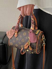 Minimalist Fashionable Handbag Made Of PU Fabric With Exquisite Pattern, Featuring Dual Handles, Pendant And Silk Scarf Accent, Combining Style And Elegance. Ideal For Women, Female College Students, Commuters, And Various Occasions, Also A Great Gift For Friends And Family. - Brown - View 6