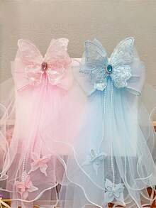 1个女童薄纱蝴蝶结发夹，公主面纱头饰，飘逸丝带马尾夹发饰 - 彩色 - 查看 5