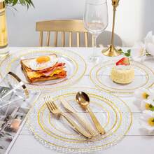 50/25/14/7/1pcs Transparent Hammered Double Gold Rim Plates, Transparent Bottom With Gold Rim, Elegant Dessert Plates, Pasta Plates, Pizza Plates, Cake Plates, Salad Plates, 7.5 Inch/10.25 Inch Sizes, Reusable And Easy To Clean, Suitable For Outdoor, Parties, Birthdays, Weddings And Holiday Gatherings - Clear - View 5