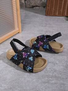 夏季新款儿童凉鞋 时尚户外公主鞋 软底幼儿女童婴儿凉鞋 [不对称图案] - 黑色 - 查看 3