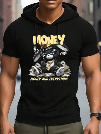 Nouveau modèle d'été t-shirt à capuche à cordon de serrage et manches courtes avec imprimé lapin, coupe regular oversize, décontracté et sportif. Idéal pour la gym, la course, les voyages, les vacances et le camping en extérieur. Top pour hommes