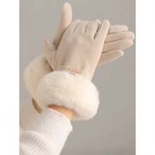1 Pair Ladies Solid Color Elegant Casual Polyester (Polyester) Full Finger Gloves, Suitable For Sports, Outings, Autumn/Winter - 米色 - 查看 3
