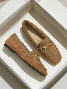 棕色平底玛丽珍鞋，百搭复古时尚户外低跟女鞋，豹纹印花，冬季乐福鞋，套脚式毛绒保暖方头鞋 - 棕色 - 查看 3