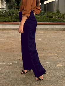 's Tailored Trousers, High-Waisted, Wide-Legged, With Pockets. - Navy Blue - View 2