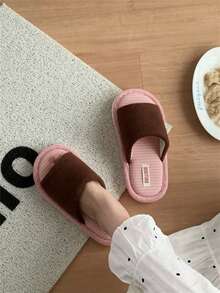 XIXITIAO 1 Pair Retro Color Block Striped Slippers, Soft Sole Comfortable Indoor Couple Slippers, Suitable For Autumn/Winter Home Wear - Coffee Powder - View 10