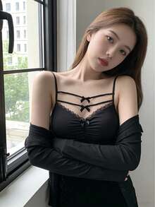 女士蝴蝶结蕾丝吊带背心，夏季外套 - 黑色 - 查看 5