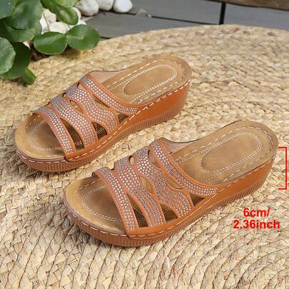 1 par de chanclas casuales para la playa de mujer, de unicolor, con adornos de rhinestone, ligeras y antideslizantes