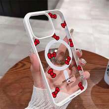 SANRIO Cute Red Ribbon Lucky H-Hello Kitty Magnetic Wireless Phone Case For 17 16 15 14 13 12 11 PRO MAX PLUS Drop-Proof Cartoon Cover - A3H - Xem 5