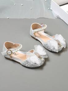 1 Pair Girls' Princess Bow Rhinestone Sweet Casual Sandals, Versatile Flat Slip-On Beach Shoes, Suitable For Toddler, Little, Big Kids, Spring/Summer/Autumn - Silver - View 5