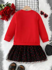 Váy dài tay cổ tròn in hình trái tim, viền lưới nhung dành cho bé gái ngày lễ tình nhân - Đỏ - Xem 2