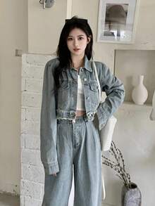 Casual Washed Vintage Denim Jacket, Turndown Collar, Long Sleeve Spring - Blue - View 3