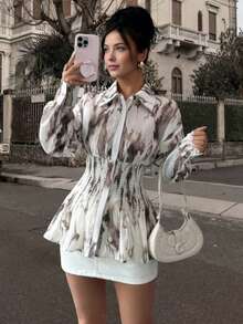 Women's Printed Long Sleeve Elegant Blouse, Suitable For Commuting, Casual Business, Christmas Party, Vacation, Dating And New Year Occasions, Spring Apparel - Apricot - View 9