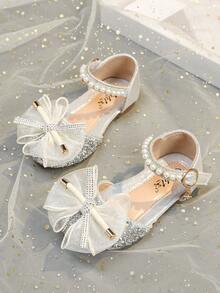 1 Pair Fashionable & Elegant Girls Princess Bow Rhinestone Summer Sandals, Casual Versatile Flat Slip-On Beach Shoes, Suitable For Toddler, Little & Big Kids - Silver - View 5