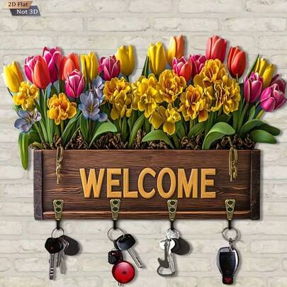 1个D形花卉木质多功能家用钥匙挂钩，带4个金属挂钩，可用于墙面装饰、门廊装饰、房间装饰、别墅装饰，四季皆宜的家居装饰