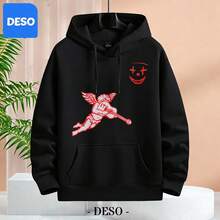 Red Angel With Guitar Graphic Print Hoodie Casual Unisex Sweatshirt Men And Women Soft Breathable Fleece Lined Hoodie Birthday Party Wear Comfortable Streetwear Style Design With Face Detail Everyday Wear And Special Occasions - Black - View 3