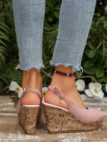 1. 轻盈面料女士坡跟露趾凉鞋，夏季新款水晶吊坠绑带露趾坡跟高跟鞋 - 淺粉色 - 查看 3