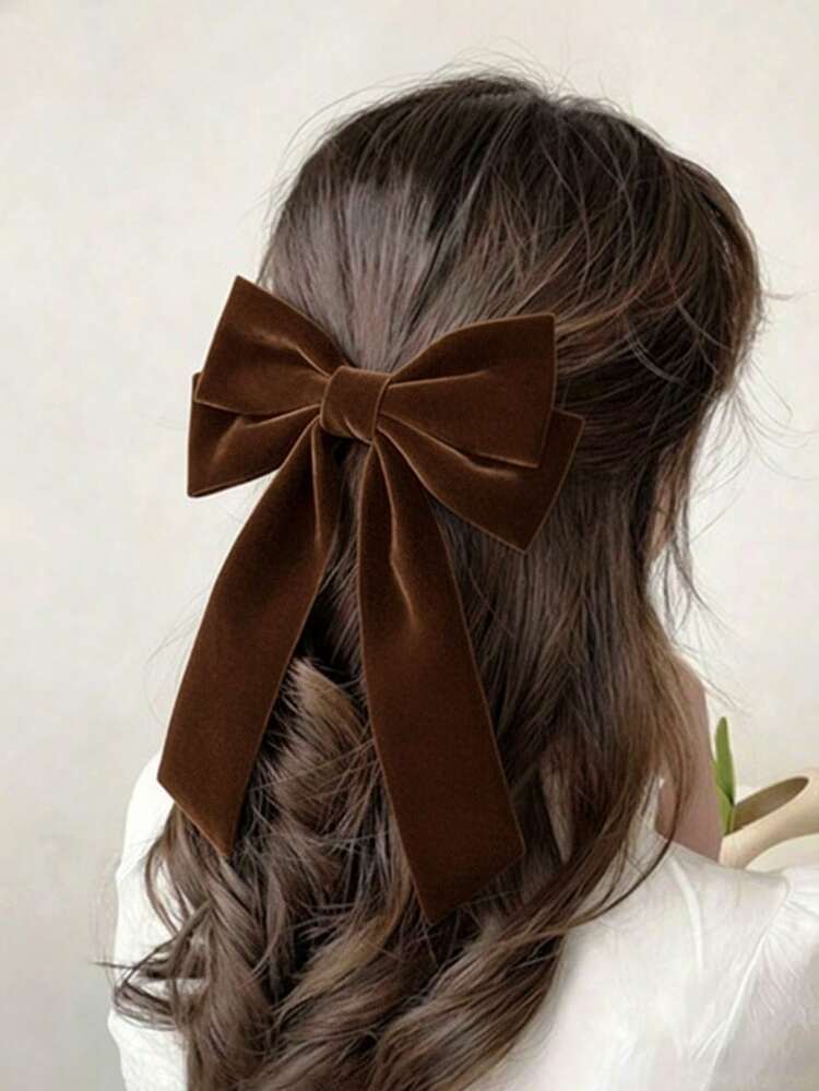 1pc Large Brown Velvet Bow Hair Clip, Velvet Sailor Bow Alligator