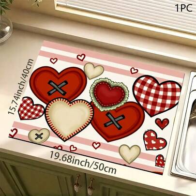 1 tấm lót/thảm thấm hút in hình trái tim đỏ ngày Valentine dùng cho máy pha cà phê, chén đĩa - Thảm bảo vệ mặt bàn bằng polyester thấm hút tốt với miếng đệm cao su chống trượt, thích hợp trang trí quầy bếp, quầy bar gia đình và bàn ăn.