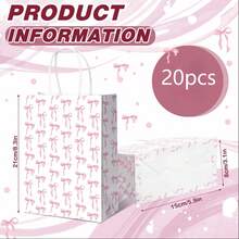 20pcs Pink Bow Gift Bags With Handles, Suitable For Baby Shower, Wedding, Girl's Party, Bow Theme Party, Birthday Party, Bridal Shower, 8.3 X 5.9 X 3.1 Inches (White, Small Bow) - Multicolor - View 2