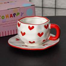 1pc 11.8oz Ceramic Coffee Cup & Saucer Set, Handmade Heart-Shaped Couple Mug Gift Box, Microwave/Oven/Dishwasher , Suitable For Cafe Latte, Breakfast Yogurt, Afternoon Tea, Ideal For Valentine's Day, Wedding, Party, Housewarming, Birthday Gift - Multicolor - View 7